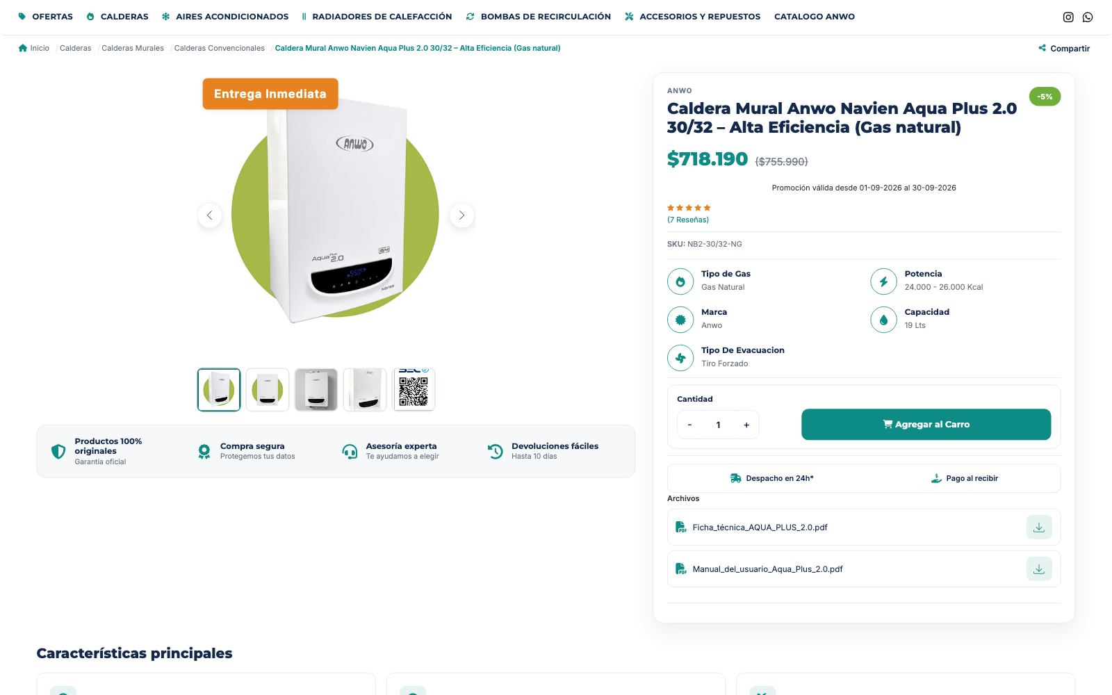 Ficha de producto con especificaciones, descargas y preguntas frecuentes
